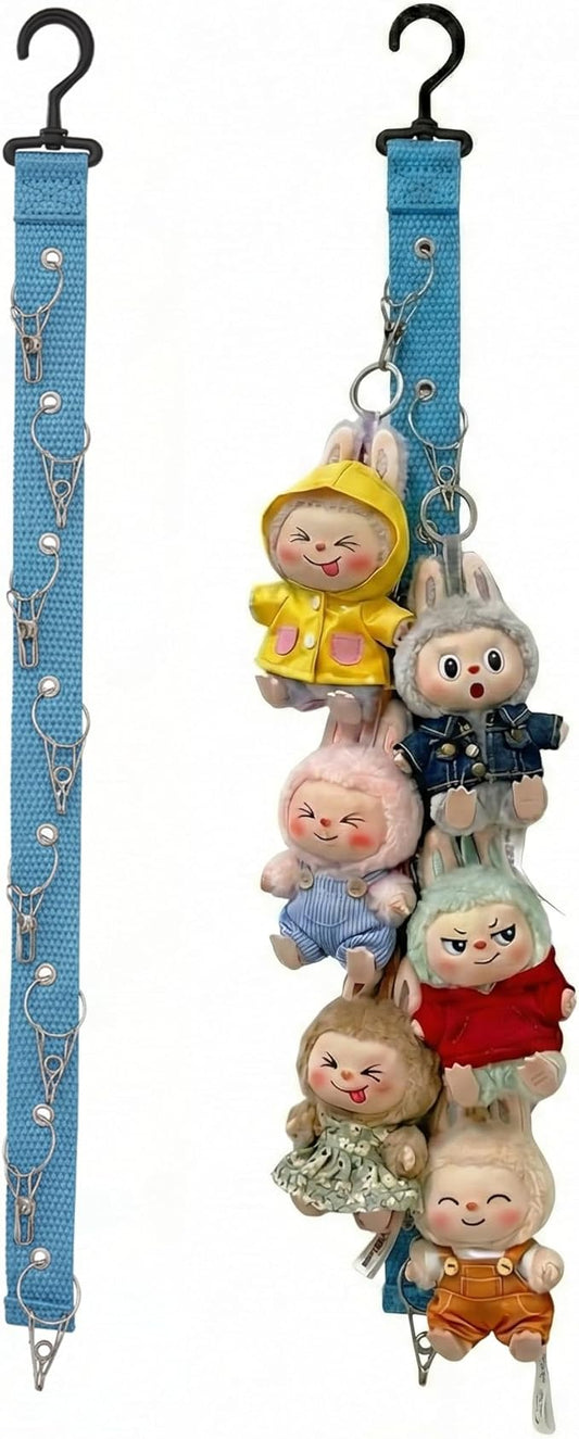 Plush Doll Hanging Storage Rope Display Rack with 8 Clips – Wall Hanging Organizer for Keychain Plushies, Mini Toys– Holds up to 3kg (Blue)