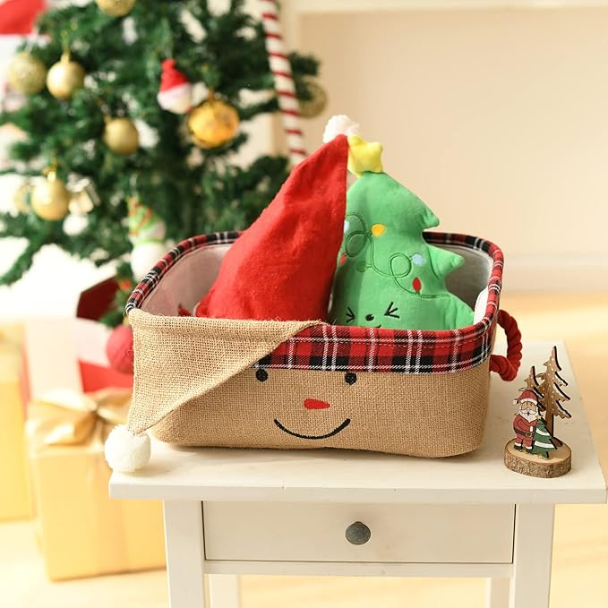 INough Christmas Baskets Empty Holiday Christmas Basket Santa Claus Gift Baskets Storage Bins with Handles, Festive Organizer Collapsible Toy Bin for Nursery, Ornaments & Home Decor