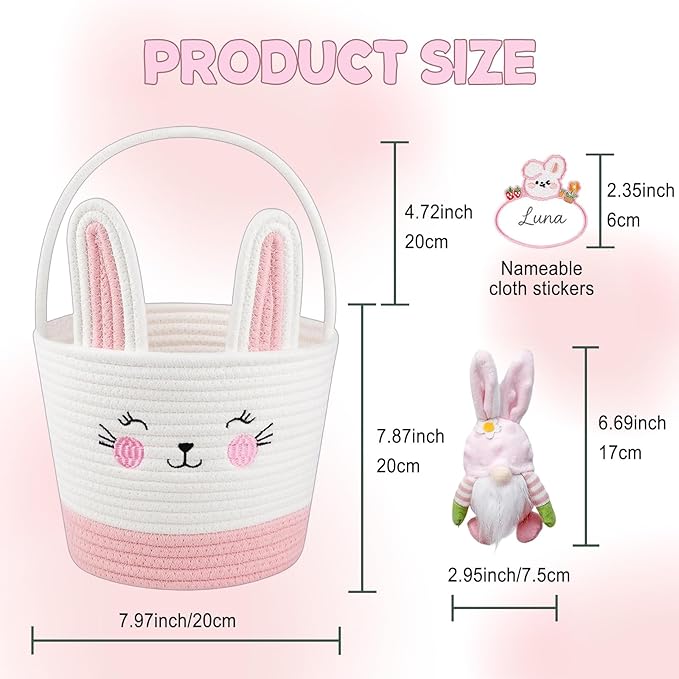 Easter Bunny Basket with Handle, Large Capacity Easter Egg Fillable Basket with Name Tag, Rabbit Ear Rustic Bunny Baskets Party Decoration Supplies
