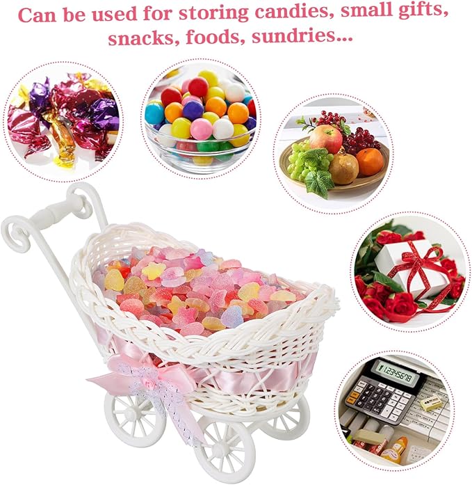 Cute Home Decor Multi-functional Candy Basket Rattan Cart Shape for Boys and Girls Baby Shower Favors