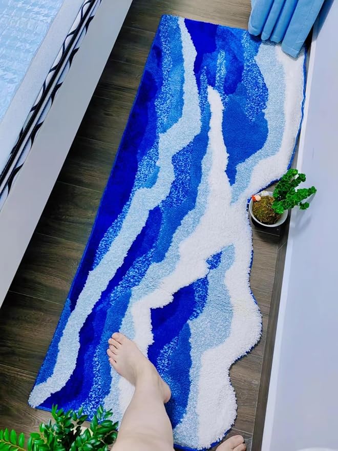 Blue 3D Ocean Wave Bath Mat, Cute Funky Bathroom Rugs,for Coastal Beach Nautical Themed Decor, Non-Slip Washable Tufted Rug for Bedroom Kitchen Runner Rug (27.6 x 63 in)