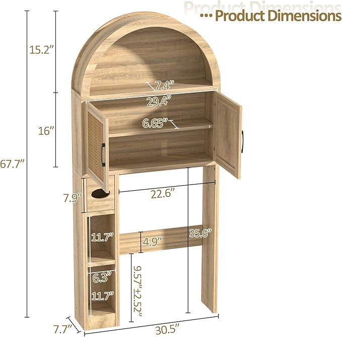 Over The Toilet Storage Cabinet, Over Toilet Bathroom Organizer with Rattan Doors, Arched Storage Organizer Cabinet with Anti-Tip Device and Adjustable Shelf for Bathroom, Natural