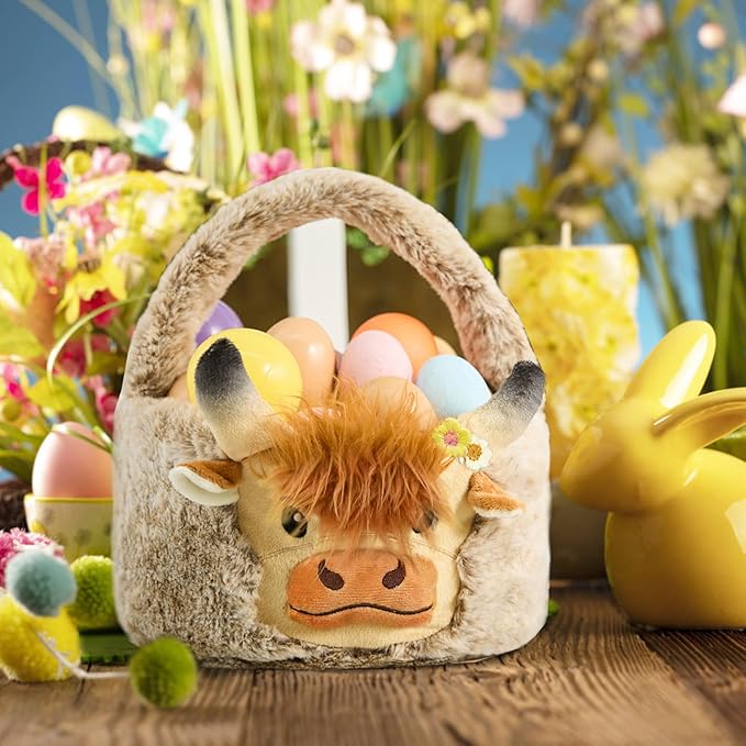 Easter Basket, Soft Highland Cow Plush Baskets, Easter Egg Hunt Buckets, Easter Decorations Indoor Outdoor, Cute Easter Gifts for Kids, Adults, Teens, Toddlers, Girls