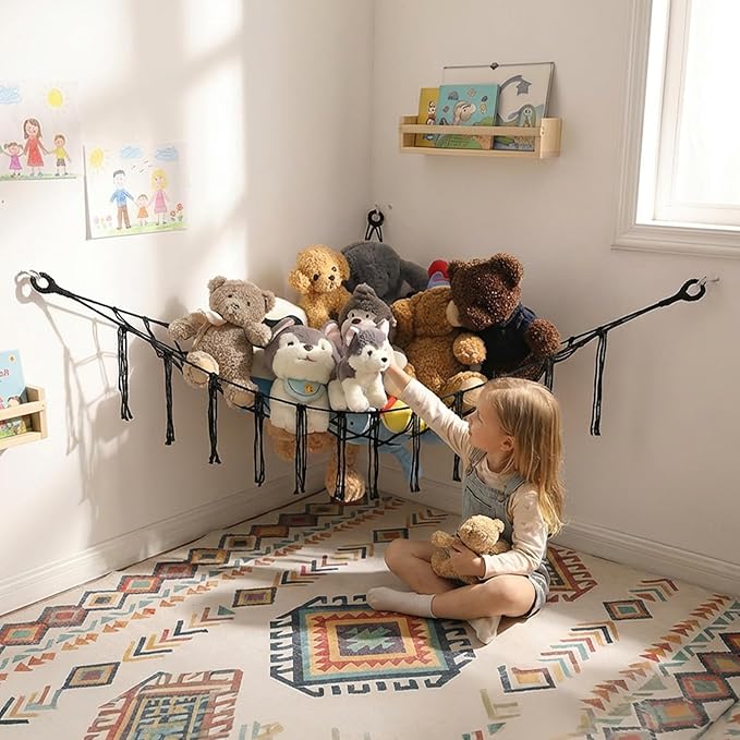 Stuffed Animals Hammock Corner Hanging Net with Tassel Macrame Stuffed Animal Storage Plush Toy Holder Toy Organizer for Boho Nursery Playroom Bedroom Kids Room Decor (black, Large)