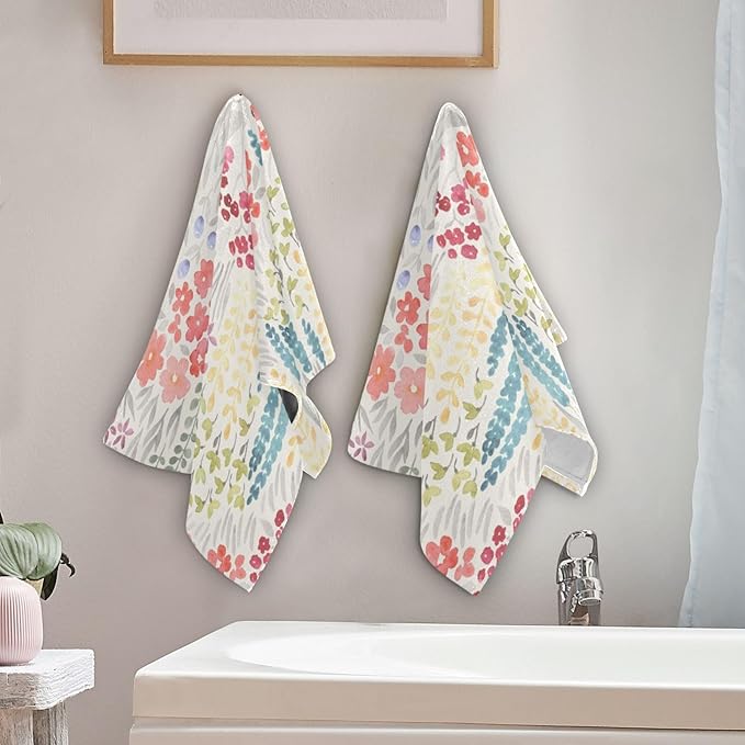 2 Pcs Spring Summer Flower Decorative Hand Towels for Bathroom,Soft Absorbent Watercolor Meadow Floral Bohemian Dish Towels for Kitchen,Quick Dry Guest Bathroom Towels for Face,Shower 14"x28"