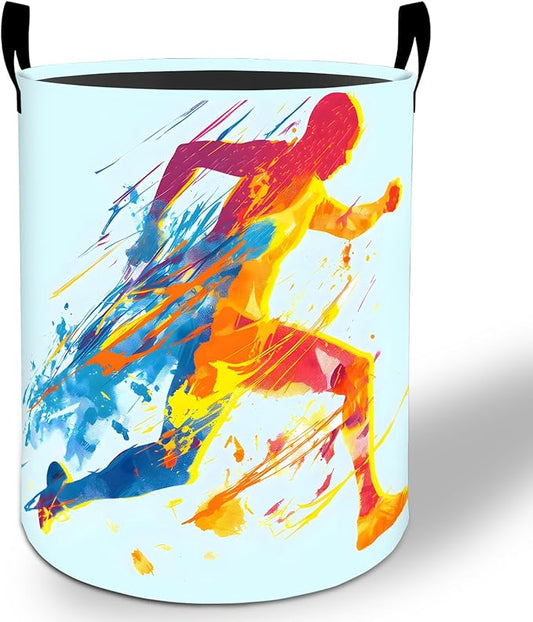 Running Athlete Laundry Basket Hamper 19.7"x15.8", Sports Foldable Waterproof Oxford Clothes Storage Bucket for Room Bathroom Bedroom Nursery Decor, Toy Organizer Bins Gifts for Kids Boys Girls