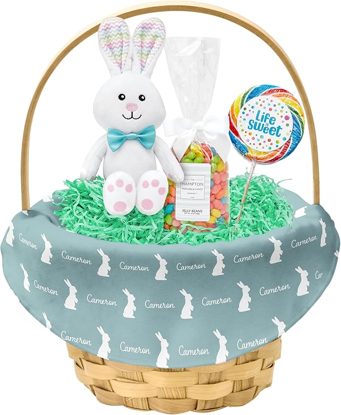 Let's Make Memories Personalized Easter Basket for Kids - For Boys - For Girls - Create Your Own - Fillable - Wicker - Easter Basket Stuffers - Large - Sea Glass Hoppy Bunny