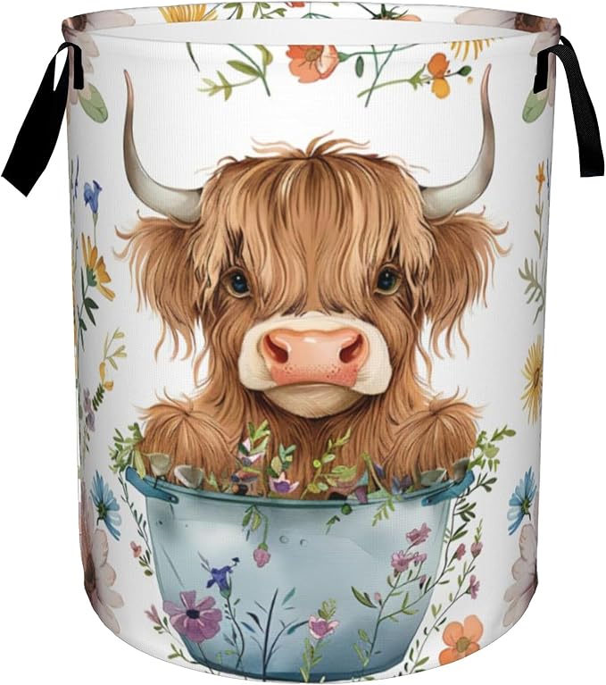Laundry Basket, Dirty Clothes Basket, Foldable Waterproof Oxford Cloth Storage Basket for Bedroom, Bathroom, Clothes,Large Storage Basket Home Decoration(Cute Highland Cow Animal)