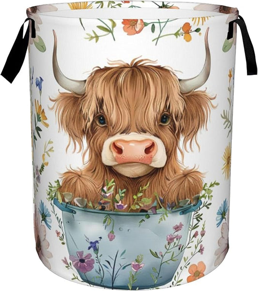 Laundry Basket, Dirty Clothes Basket, Foldable Waterproof Oxford Cloth Storage Basket for Bedroom, Bathroom, Clothes,Large Storage Basket Home Decoration(Cute Highland Cow Animal)