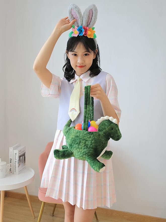 DearSun Exquisite Embroidery ! Personalized Easter Egg Hunting Basket 3D Plush Dinosaur Basket Candy Gift Bucket with Embroidery Name (Green Plush Dinosaur Basket)