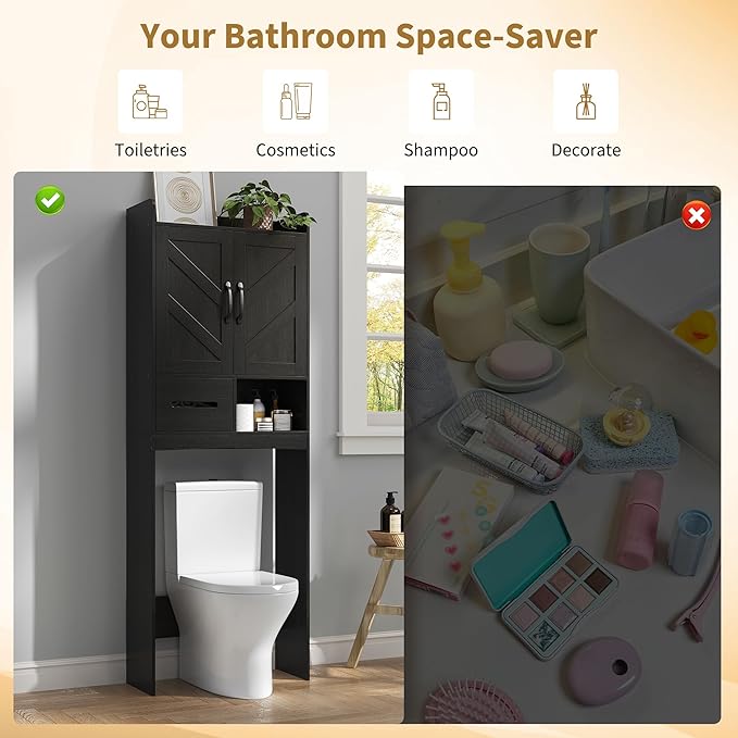 IDEALHOUSE Over The Toilet Storage Cabinet,Bathroom Organizers and Storage with Anti-Tip Device and Adjustable Shelf for Bathroom,Restroom,Laundry,Black