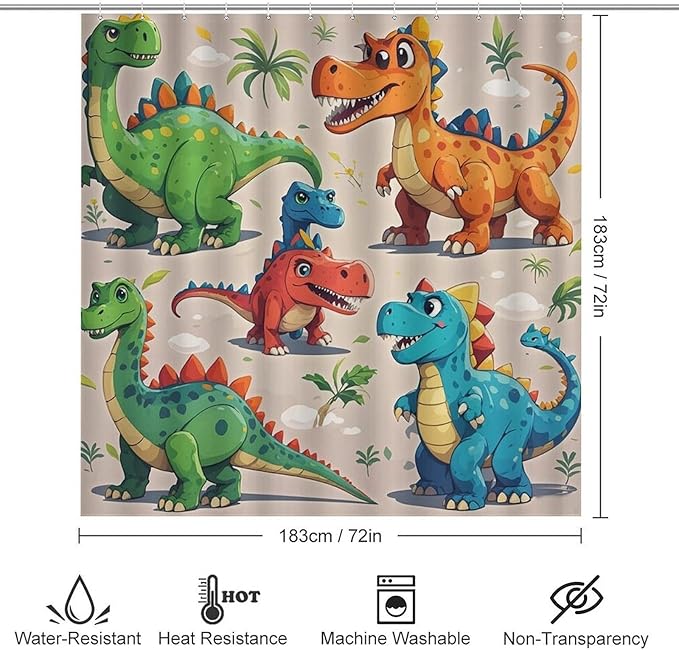 4 Piece Bathroom Rug Set with Shower Curtain, Non-Slip Bath Mat Toilet Cover Set, Cartoon Dinosaur Bathroom Rug Sets
