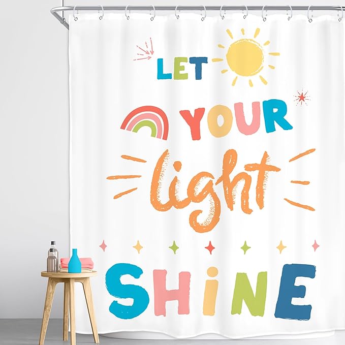 Homewelle Kids Inspirational Quotes Shower Curtain Colorful Let You Light Shine Motivational Positive Cartoon Cute Rainbow Sun 60Wx72H Inch for Teens Girls Waterproof Polyester Fabric Bathroom Bathtub