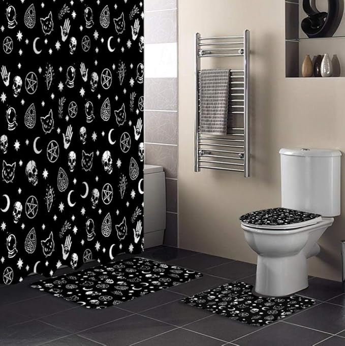 4-Piece Bathroom Set Stars Black Witch Skull Moon Divination Gothic Shower Curtain Rug Set Non-Slip Bath Mat Toliet Cover Bathroom Shower Curtains-4-Piece_Set