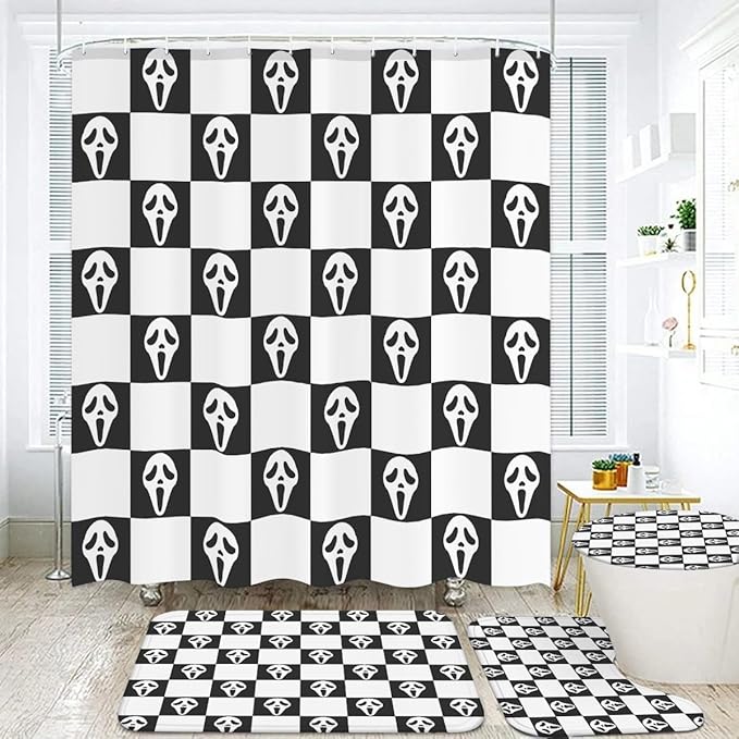 Horror Face Bathroom Set, 4-Piece with Shower Curtain 71x71, Bath Mat, Contour Rug, Toilet Lid Cover, Black and White Checkerboard Pattern