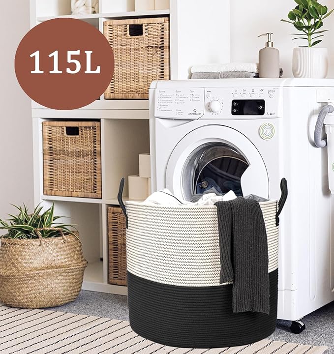 21" x 18"Extra Large storage baskets,Eco-friendly rope baskets with lid,blanket basket living room with lid,hampers for bedroom,big,round, Black 115L