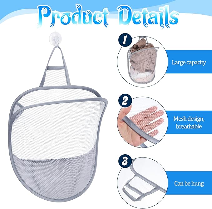 2 Pack Mesh Foldable Hanging Laundry Hamper, Small Wall Laundry Baskets Space-Saving Wall Hamper Portable Dirty Clothes Organizer for Home, Dorms, Hotels, RVs Grey White