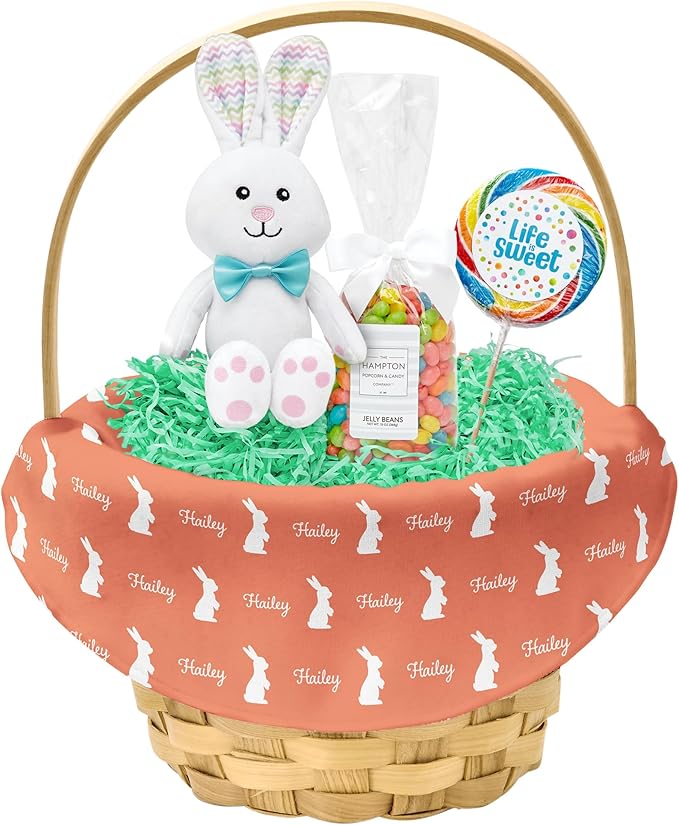 Let's Make Memories Personalized Easter Basket for Kids - For Boys - For Girls - Create Your Own - Fillable - Wicker - Easter Basket Stuffers - Large - Sunset Orange Hoppy Bunny