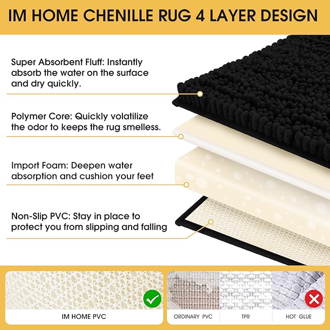 ACCUMTEK Extra Long Upgrade Luxury Black Bathroom Rug Mat 70"x24", Ultra Soft Thick Absorbent Bath Mats, Non Slip Chenille Toilet Mat for Bathroom, Bedroom, Kitchen, Shower, Tub