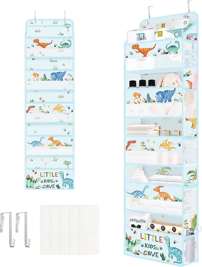 Clastyle Dinosaur Over the Door Organizer Tree Nursery Hanging Storage Organizer for Kids Clothes Diaper Toy Closet Door Hanging Shelf Storage for Bedroom Bathroom Pantry, Blue, 5-Tier