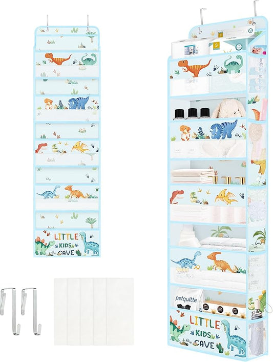 Clastyle Dinosaur Over the Door Organizer Tree Nursery Hanging Storage Organizer for Kids Clothes Diaper Toy Closet Door Hanging Shelf Storage for Bedroom Bathroom Pantry, Blue, 5-Tier