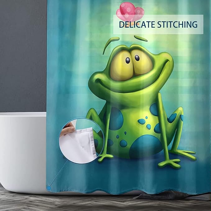 4 Pieces Cute Frog and Lotus Flower Shower Curtain Set Bathroom Mats Set, Non-Slip Rug Carpet Toilet Cover Shower Curtain