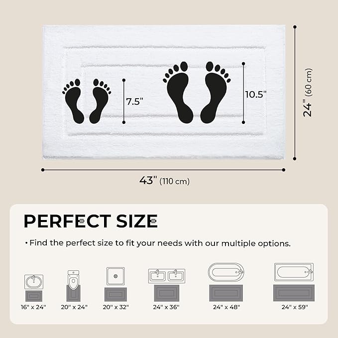 GRANNY SAYS Large Bathroom Rugs Non Slip Washable, 24" x 43", Water Absorbent Bath Mats for Bathroom, Thick Soft Shaggy Bath Rug, Microfiber Shower Room Floor Mat Decor, White