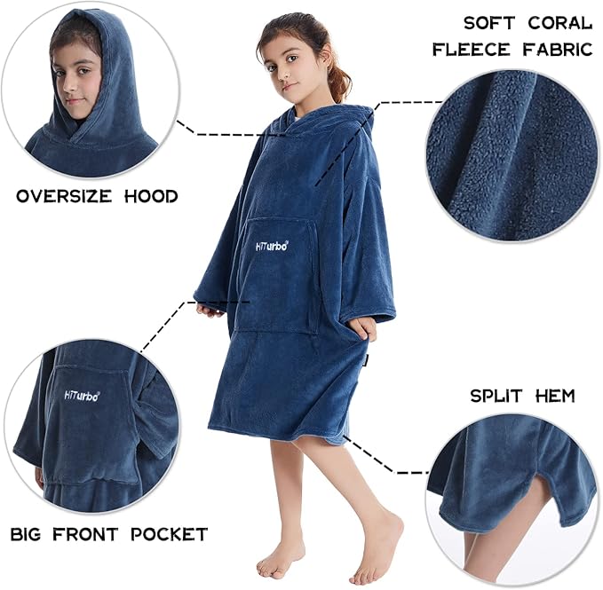 Hiturbo Kids Towel Changing Robe: Soft Plush Wearable Blanket - Warm Coral Fleece Hoodie - Swim Surf Poncho for 5-12 Years (Navy)