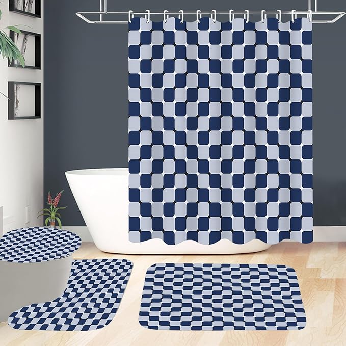 4Pcs Blue Checkered Shower Curtain Set 3D Bathroom Sets Modern Shower Curtain Set for Bathroom Sets with Rugs and 12 Hooks