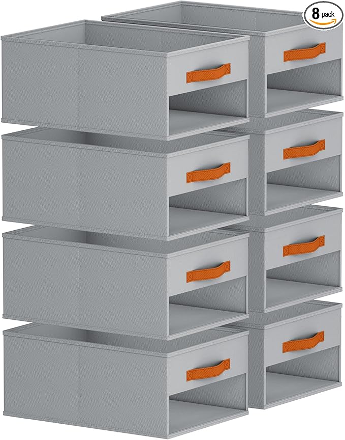 Closet Organizers and Storage - 8 Pack Storage Bins Baskets for Organization Foldable Closet Organizer with Clear Window & Handles for Clothes, Toys, Towels, Small Essentials (Grey)