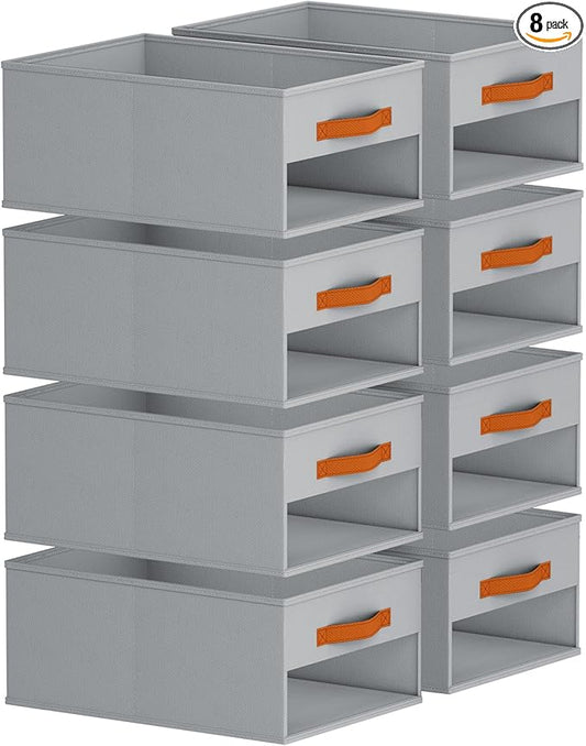 Closet Organizers and Storage - 8 Pack Storage Bins Baskets for Organization Foldable Closet Organizer with Clear Window & Handles for Clothes, Toys, Towels, Small Essentials (Grey)
