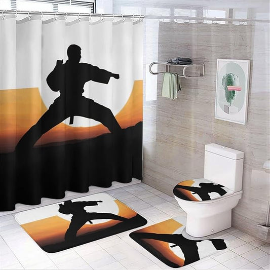4 Piece Bathroom Rug Set with Shower Curtain, Non-Slip Bath Mat Toilet Cover Set, Karate Silhouette Bathroom Rug Sets