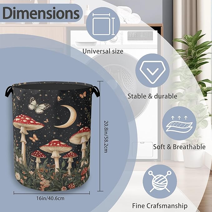 Mushroom Forest Plant Laundry Hamper,Butterfly Moon Dirty Clothes Laundry Basket with Handles Waterproof Oxford Cloth Storage Basket for College Dorms Bathroom Bedroom 16" x 20.8"