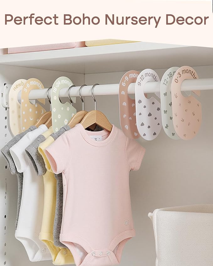 Baby Size Clothes Dividers for Closet: Nursery Hanger Month Dividers for Clothing Organizer - Set of 7 Infant Age Separators from Newborn to 24 Months for Boho Room Decor