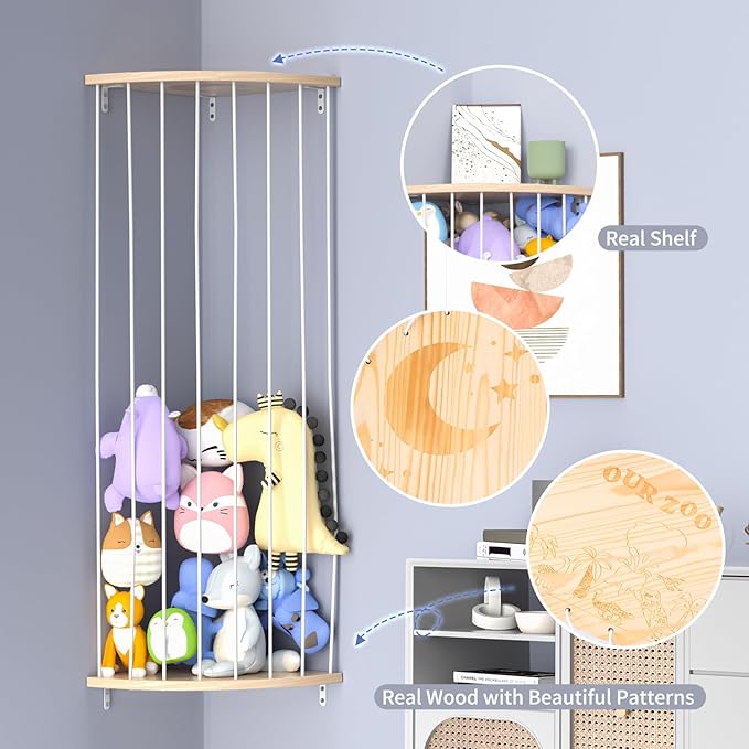 Corner Stuffed Animal Storage Zoo, Large Adjustable Solid Wood Plush Toy Organizer, Hanging Stuffie Holder Shelf & Cage with Engraved Dinosaur Star Moon for Kids Nursery Playroom