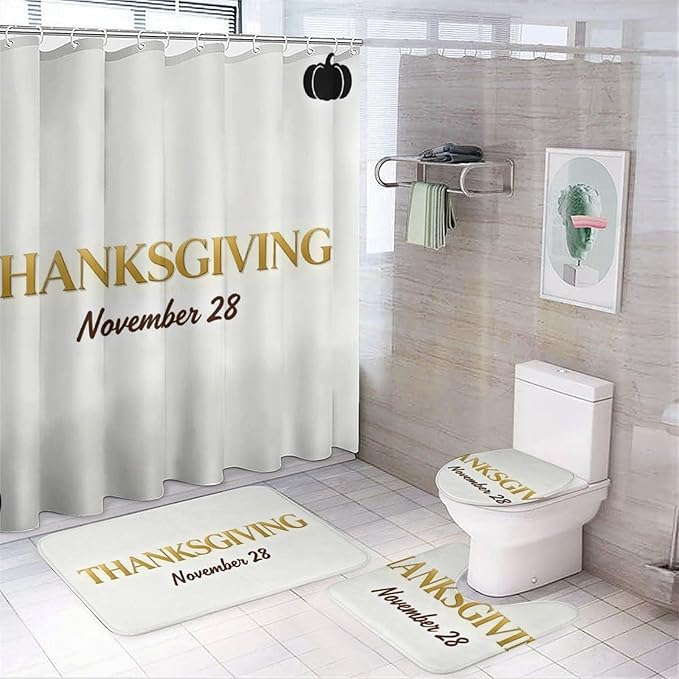 4 Piece Bathroom Rug Set with Shower Curtain, Non-Slip Bath Mat Toilet Cover Set, Minimalist Design Bathroom Rug Sets