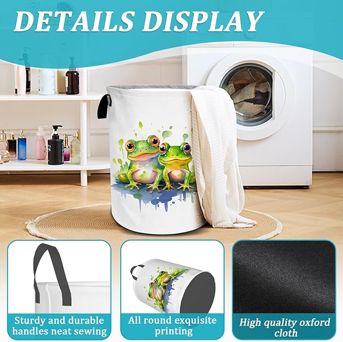 Watercolor Frog Laundry Basket, Foldable Waterproof Oxford Cloth Laundry Hamper Funny Tote Bag Dirty Clothes Storage Bucket Toy Organizer for Bathroom/Laundry/Bedroom 15.7"x19.6"