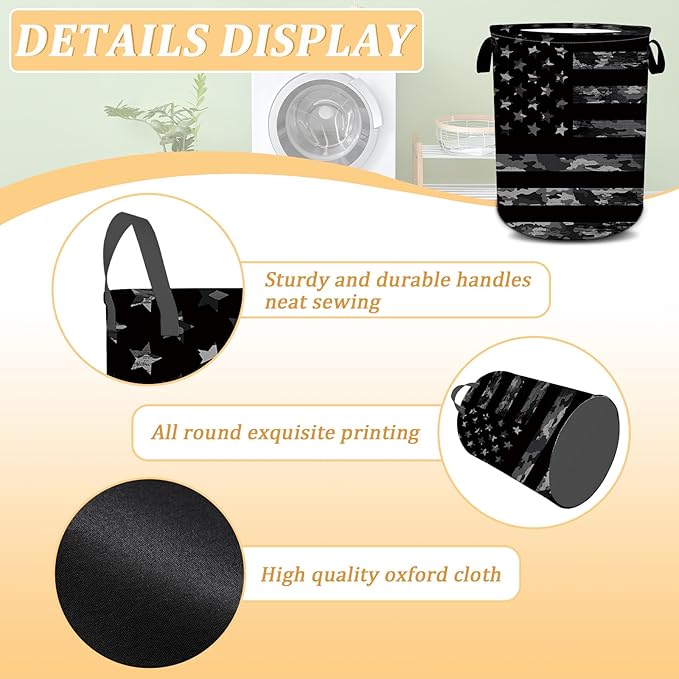 Black Camo USA Flag Laundry Basket, Foldable Waterproof Oxford Cloth Laundry Hamper Funny Tote Bag Dirty Clothes Storage Bucket Toy Organizer for Bathroom/Laundry/Bedroom 15.7"x19.6"