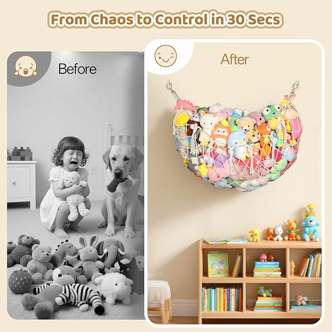 Yecaye 60 IN Stuffed Animal Net Hammock Large, Hanging Stuffed Animal Storage with Handmade Macrame Tassels, Net for Stuffed Animals Corner Large for Nursery Living Room Wall Decoration, Cream White