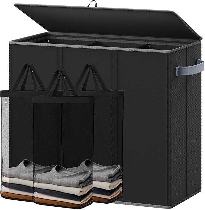 180L Laundry Hamper 3 Section, Large Laundry Hamper with Lid, Dirty Clothes Hampers with Handles, Laundry Basket Organizer for Laundry, Bedroom, Bathroom, Laundry Sorter Baskets, Black