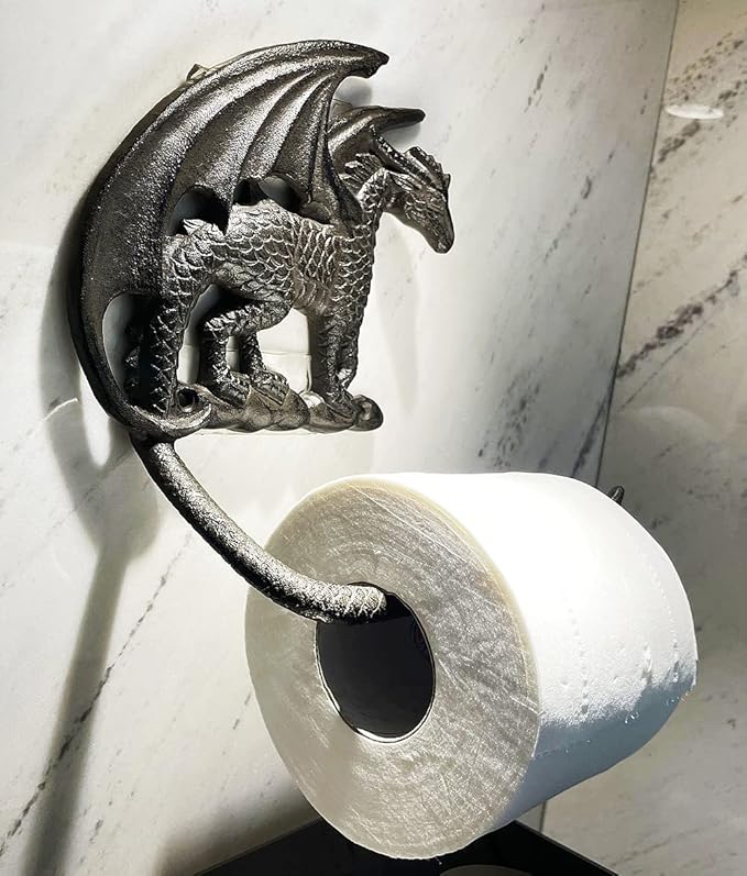 Gothic Dragon Cast Iron Toilet Paper Holder and Towel Ring Set, Wall Mounted Decorative Bathroom Accessories, 2 PCs