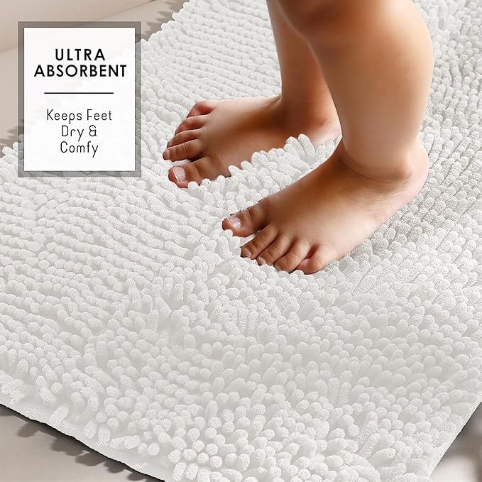 Hearth & Harbor Bathroom Rugs, Chenille Bath Mat - Machine Washable Bath Mats for Bathroom Non-Slip Backing Rubber, Quick Dry Mat - White Bath Rug, 17x24-26x44-20x24