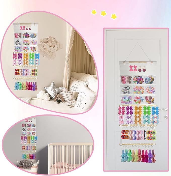 Headband Holder Organizer, Hair Accessories Storage with 9 Net Pockets, Wall Hanging Hair Clips Hair Band Organizer for Girls Room