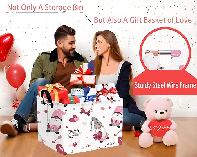 Large Valentine's Day Basket Heart Shaped Storage Bin for Gifts Collapsible Organizer Room Decor (Arrow Gnome Love)