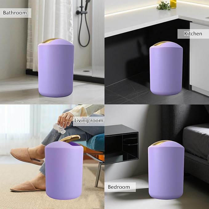 9 Pieces Purple Bathroom Accessories Set Gorgeous Gold Bathroom Set, Trash Can, Toilet Brush, Soap Dispenser, Toothbrush Holder, Soap Dish, Tumber, Qtip Holder, Tray, Sink Countertop Set
