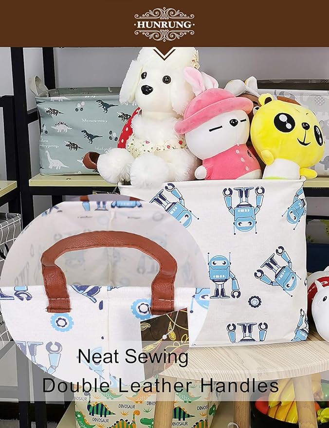 HUNRUNG Square Storage Bins Nursery Hamper Canvas Laundry Basket Foldable with Waterproof Nursery Boxes for Shelves/Gift Baskets/Toy Organizer/Office, Bedroom (Square-Blue robot)