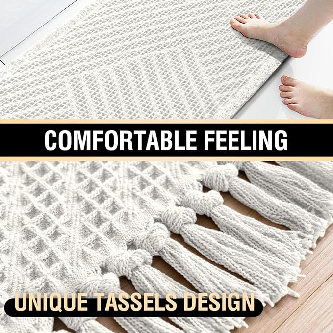 H.VERSAILTEX Waffle Bath Mat Super Absorbent Boho Bath Mat Non Slip Bath Rugs for Bathroom Floor Machine Washable Dry Fast Bathroom Rugs with Tassels (20 x 32 Plus 17 x 24 Inches, Ivory White)