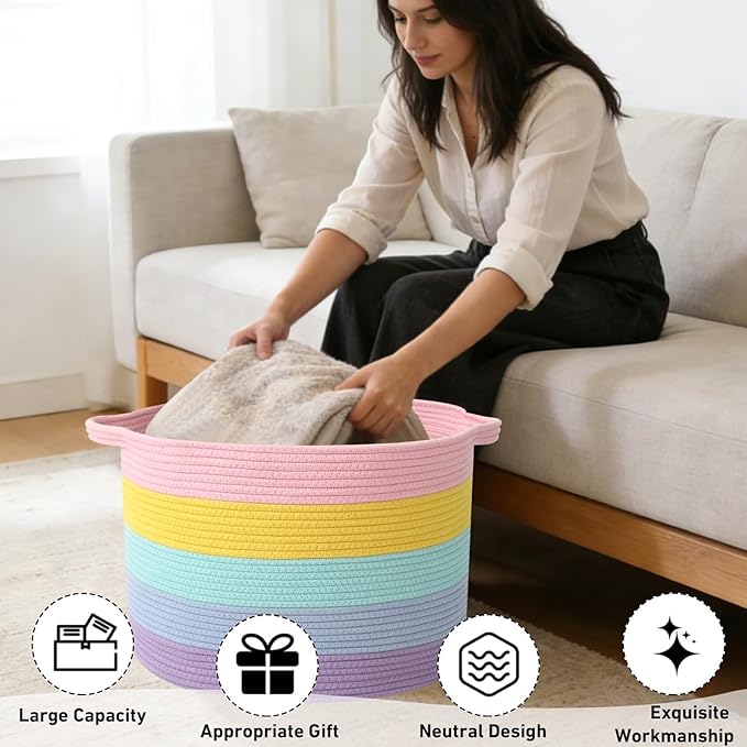 65L Large Blanket Basket,19.7" L x 19.7" W x 13" H Rope Woven Baskets with Handles, Toys Storage Bins,Laundry Basket Perfect for Living Room, Nursery,Bedroom,Home Organization,Colorful