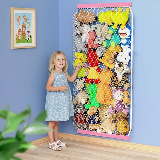 Stuffed Animal Storage Net, Elastic Stuffed Toy Holder,Door/ Wall Mount Length Adjustable Hanging Stuffy Animal Organizer, Plushie Net For Nursery Play Room-Pink Boards