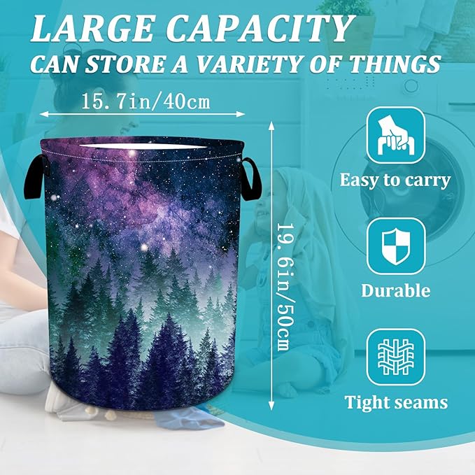 Galaxy Laundry Basket, Purple Forest Laundry Hamper Funny Tote Bag Dirty Clothes Storage Bucket Toy Organizer for Bathroom/Laundry/Bedroom 15.7"x19.6"
